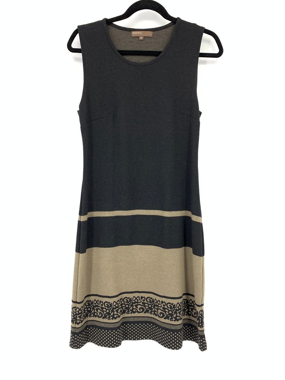 Perry Ellis Knit Sheath Dress Womens Size Medium Black Tan Sleeveless Scoopneck